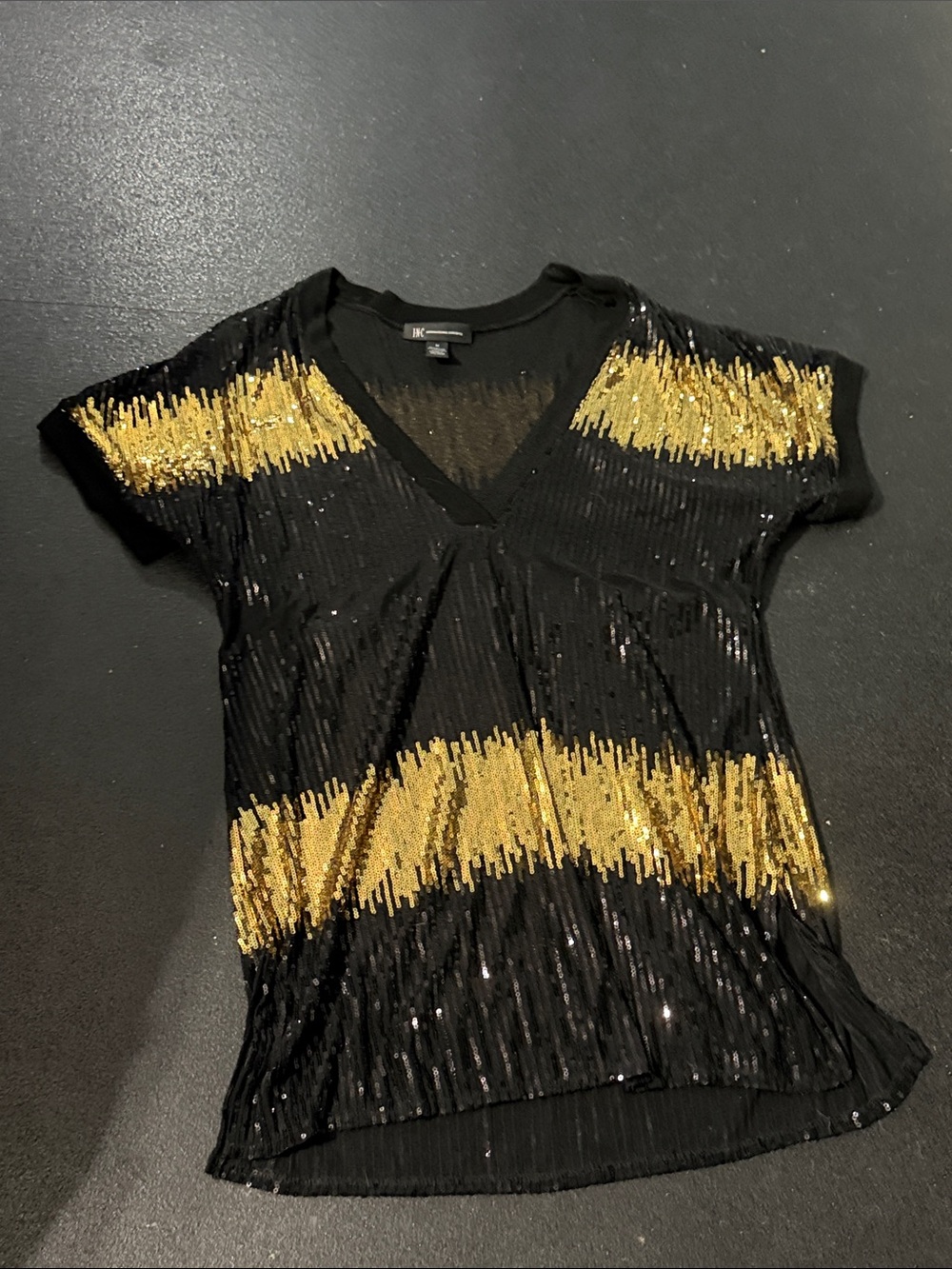 Express Black & Gold Sequin V-Neck Top INC medium